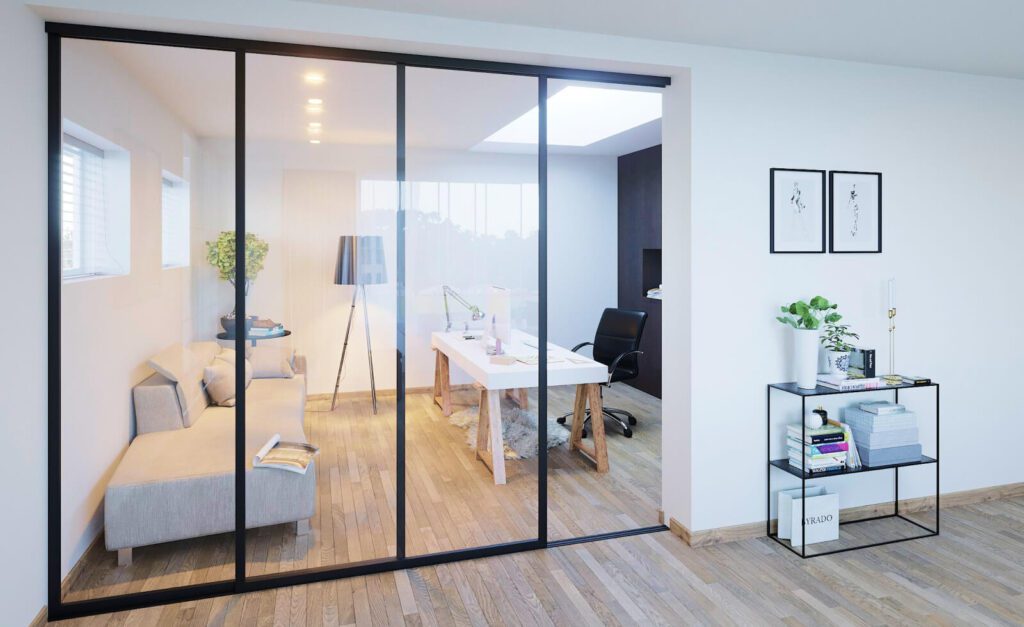 Modern glass partition dividing living space, Naples FL home